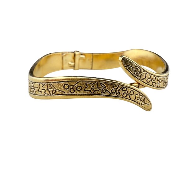 Decorative Gold-Tone Hinged Bracelet With Floral Engraved Design Fashion Jewelry - Picture 2 of 6